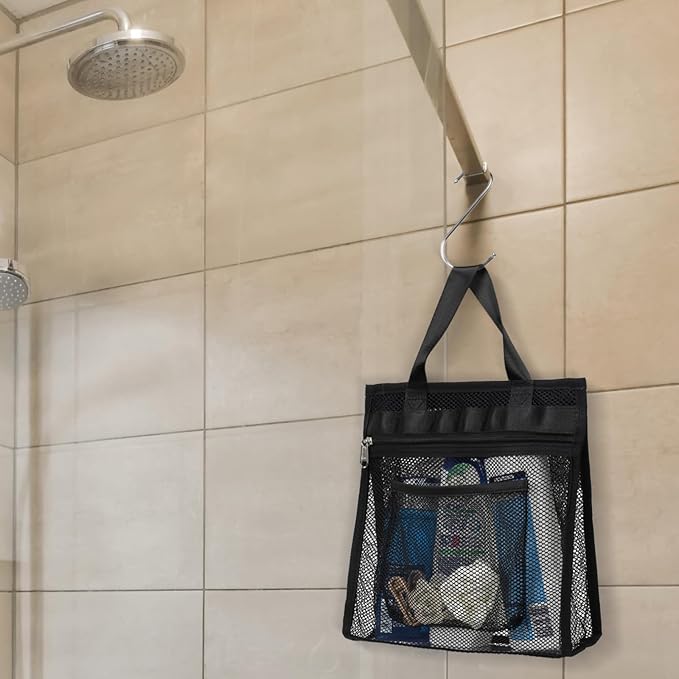 F-color Mesh Shower Caddy Portable Hanging - 3 Pockets Small Shower Bag Tote for Camping, Gym, Travel, Toiletry, Quick Dry Bathroom Essentials with S Hook, Black