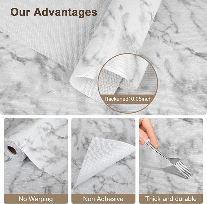 OcePor Non-Adhesive Drawer and Shelf Liner 24IN x 30FT，Non Slip Cabinet and Cupboard Liner, Kitchen Cabinet Liners for Shelves, Waterproof Drawer Shelf Liners for Cabinets/Bathroom Cupboard, Marble