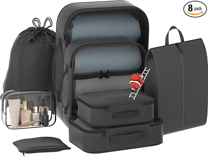 8 Set Packing Cubes for Travel with Clear Toiletry Bag, Durable Luggage Packing Organizers for Suitcase, Carry-On Accessories, TSA Approved See-Through Cubes, Space-Saving Storage Bags
