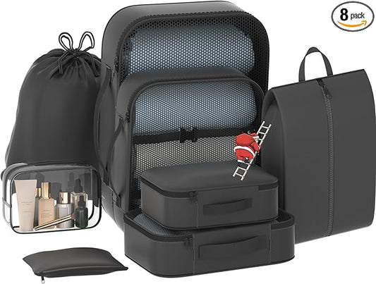 8 Set Packing Cubes for Travel with Clear Toiletry Bag, Durable Luggage Packing Organizers for Suitcase, Carry-On Accessories, TSA Approved See-Through Cubes, Space-Saving Storage Bags