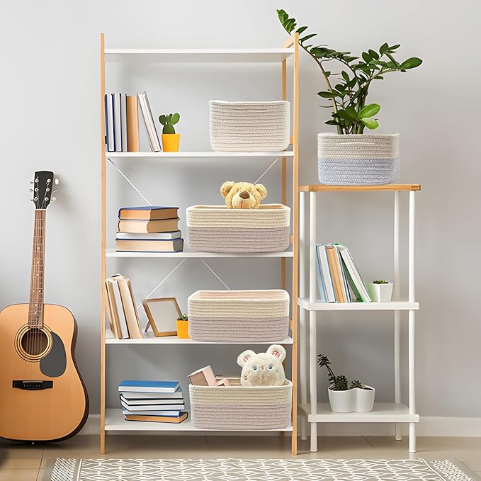 COMFY-HOMI 13" x 8.5" x 5.1" Storage Baskets for Organizing | Cotton Rope Woven Basket | Toy Storage Bin Box | Basket for Shelves, Closet Organizer Bin, Decorative Closet Shelf, 3 Pack, beige brown