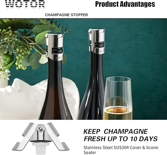 WOTOR Champagne Stoppers Stainless Steel, Prosecco Bottle Stopper with Food Grade Silicone, Reusable Champagne Cork & Saver, Leak proof Keep Fresh (Silver, 2 Pack)