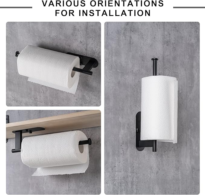 Honmein Paper Towel Holder, Upgrade SUS304 Stainless Steel Paper Towel Holder Under Cabinet, Bend-Resistant, Self-Adhesive or Drill mounting (Black)