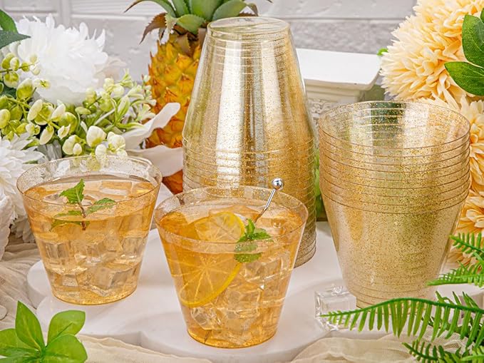 Hioasis 100Pcs 9OZ Gold Glitter Plastic Cups - Gold Plastic Cups, Heavy Duty & BPA-free for Party, Wedding, Celebrations