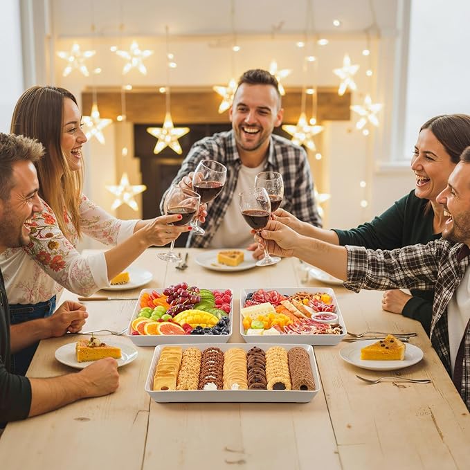 Lifewit Plastic Serving Tray for Party, 4 Pcs White Trays for Serving Food, Reusable Platters for Buffet, Fruit, Cookie, Charcuterie, Appetizer, Snack, Rectangle, New Year Party Supplies, BPA Free