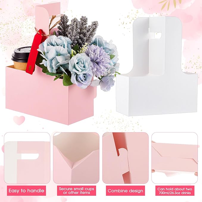 MotiMind 20 Pack Mother's Day 2 Cup Drink Carrier with Handle, Kraft Paperboard Teacher Cup Holder Portable for Hot Cold Drinks, Coffee Carrier Gift with Heart Card Rope (White,Pink)