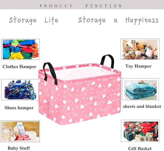 KUNRO Rectang Heart Pattern Vantine's Storage Basket Gift Shelf Basket Storage Bin, Nursery Basket Organizer Box for With Handles for Room Deco