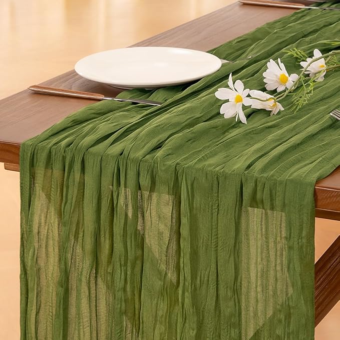 Socomi 10pcs Moss Green Summer Cheesecloth Table Runner Boho Rustic Gauze 120 inch 10FT Cheese Cloth Sheer Runner for Wedding Party Baby Shower Birthday Home Decor Holiday Decorations