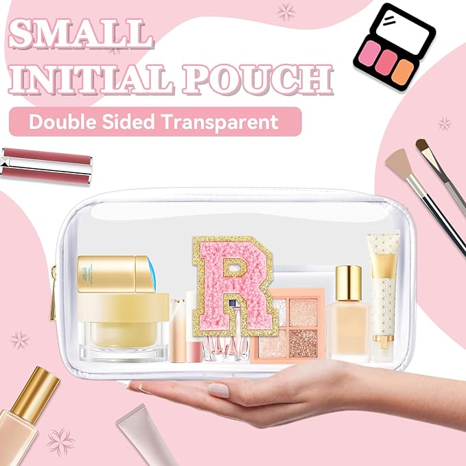 Small Clear Personalized Initial Makeup Bag,Nylon Preppy A-Z Chenille Letter Patch Cosmetic Pouch Beach Toiletry Bag,Waterproof Zipper Travel Purse Storage Bag Organizer for Women Girls(White-Pink R)