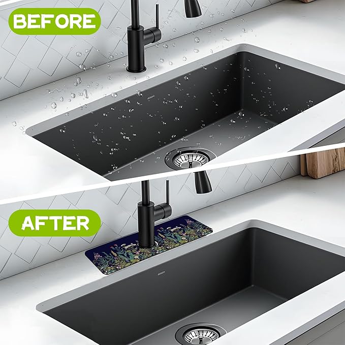 Colorful Herbs and Wild Flowers Kitchen Sink Splash Guard Faucet Mat Super Absorbent Fast Drying Mat Guard Behind Faucet Drip Catcher for Kitchen Bathroom, 15.5"X5.5"