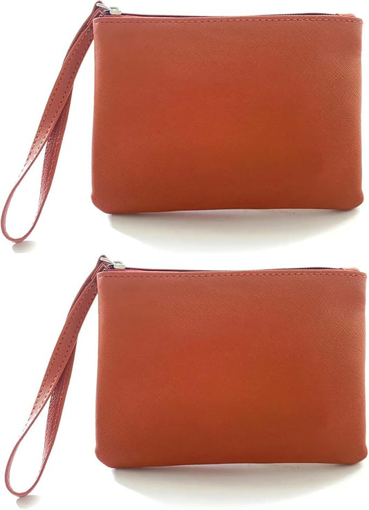 2 Pack Small Zipper Pouch Mini Makeup Bag for Purse Lipstick Cosmetic Travel Make Up Organizer for Women Essentials, Car Change Coin Holder 4.5 x 6.5 Clutch Stadium Approved Wristlet, Brown