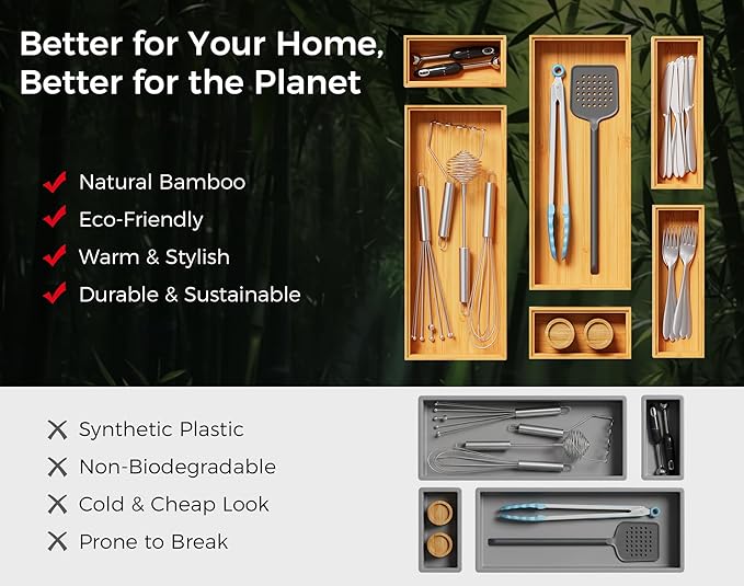 Bamboo Kitchen Drawer Organizer Boxes – 14" x 5" Stackable Wood Silverware Utensil Tray for Drawers, Cutlery & Flatware Storage – Wooden Organizers Set of 2 for Junk Drawer Bins, Bathroom, RV