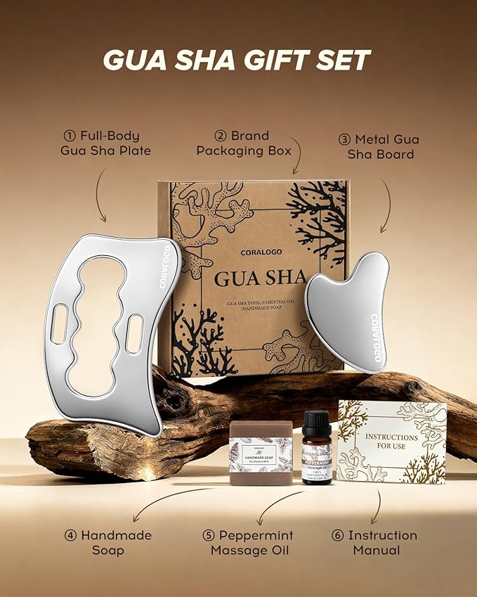 Coralogo Stainless Steel Gua Sha Tools - 4pc Skin Care Tools Set with Gua Sha Oil, Soap, Muscle Scraper for Face Massaging Body Relaxing, Self Care Gift for Christmas Birthday Valentine's Day