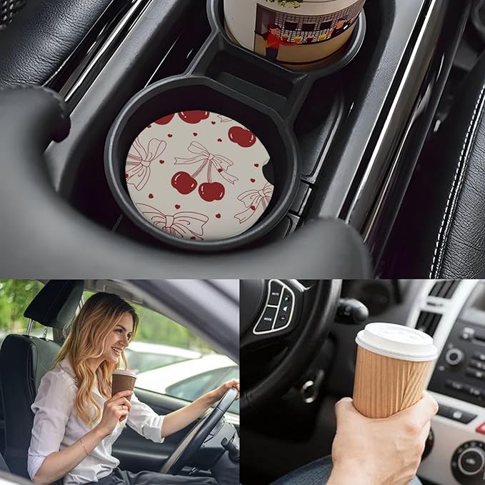 Car Cup Holder Coasters, 2 Pcs Ceramic Coasters with Cork Back and Finger Slot, Anti-Slip Shock Absorbing Women and Men Universal Car Accessories - Vintage Cherry