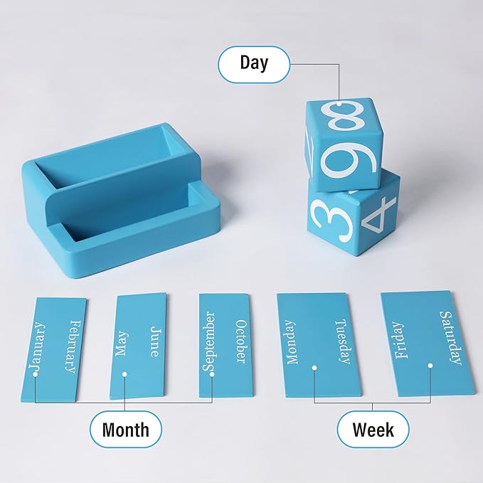 Wooden Block Calendar for Desk, Daily Desktop Perpetual Desk Calendar, Modern Farmhouse Aesthetic Desk Accessories for Home Office Decor, Teacher, Classroom, Reusable Yearly, Blue