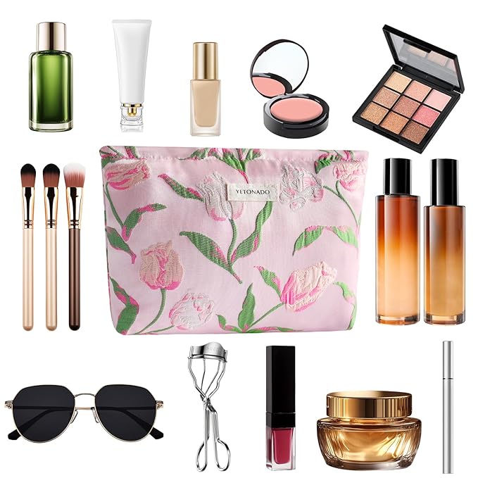 ZLFSRQ Tulip Makeup Bag for Women Floral Cosmetic Bag Pink Zipper Cosmetic Pouch for Purse Large Capacity Quilted Canvas Flower Makeup Bags Cute Aesthetic Travel Toiletry Bags Gift Skincare Organizer