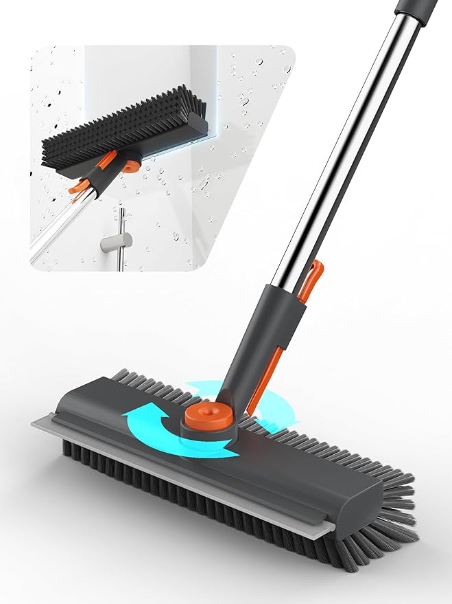 HelpX Floor Scrub Brush with Long Handle, 3 in 1 Multi-angle Swivel Right Angled Bristle Floor Scrubber Brush with Squeegee and Tweezer for Cleaning Tile Wall Deck Bathroom Patio Garage Kitchen (Grey)
