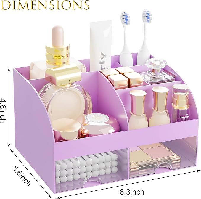 Makeup Organizer with 2 Drawers, Cosmetic Storage for Dresser Vanity and Bathroom Countertop, Makeup Organization and Skincare Storage with Beauty Brush Holder, Cosmetic Display Case (Purple)