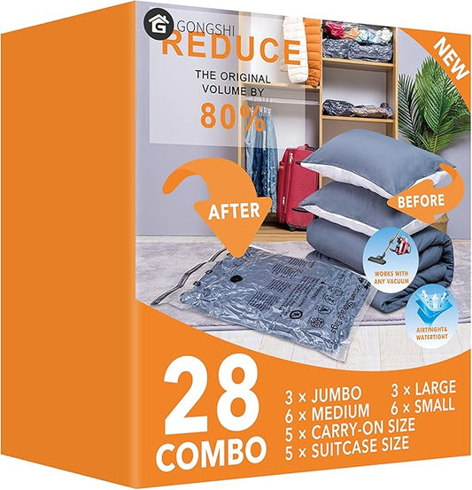 28 Pack Vacuum Seal Bags For Clothing (3 Jumbo, 3 Large, 6 Medium, 6 Small, 5 Travel Roll-Up Bags, 5 Small Travel Roll-Up Bags) Space Saver Bag for Clothes, Blankets, Duvets, Pillows, Comforters