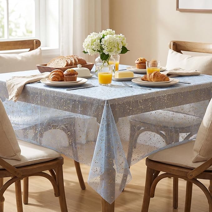 Horaldaily Blue Gold Gauze Tablecloth 60x84 Inch Rectangular, Golden Sequin Glitter Metallic Foil, Sheer Tulle Cheesecloth for Wedding Baby Shower Ceremony Birthday