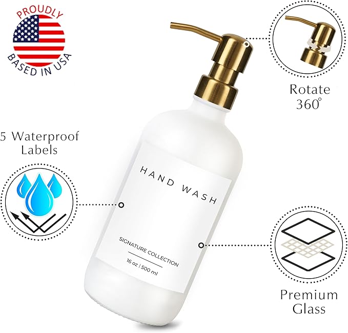 Emerson Essentials Glass Soap Bottle Dispensers, 2 Pack, Stainless-Steel Pumps Rust-Free, Hand Set for Bathroom Kitchen Sink, Liquid Lotion Shampoo Jars with 4 Waterproof Labels, 16 Oz Black/White