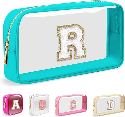 Small Clear Personalized Initial Makeup Bag,Nylon Preppy A-Z Chenille Letter Patch Cosmetic Pouch Beach Toiletry Bag,Waterproof Zipper Travel Purse Storage Bag Organizer for Women Girls(Cyan-White R)