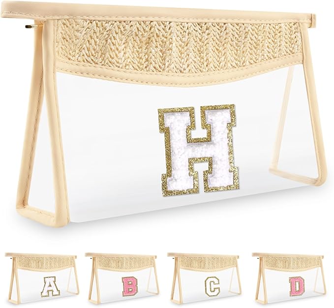 Personalized Initial Letter Bag Boho Straw Clear Makeup Bag, Small Cute Chenille Varsity Letter Pouch with Zipper, Beach Travel Toiletry, Portable Monogrammed Cosmetic Bag for Women Girls, H