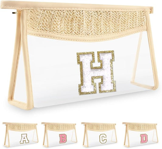 Personalized Initial Letter Bag Boho Straw Clear Makeup Bag, Small Cute Chenille Varsity Letter Pouch with Zipper, Beach Travel Toiletry, Portable Monogrammed Cosmetic Bag for Women Girls, H