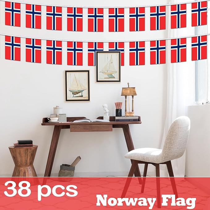 Norway String Flag Pennant Banner - 38 Flags, 42 Feet Small Mini Norwegian Flags Bunting Banner for Country Decoration, School, Party, Sports Events