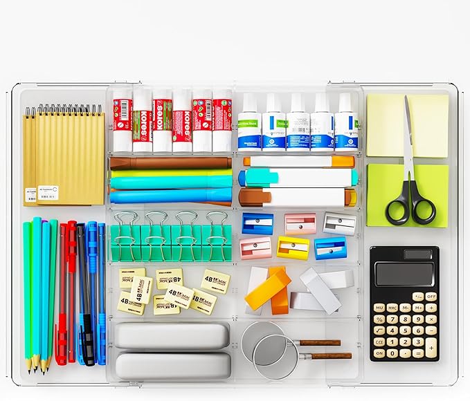 Yieach Large Expandable Desk Drawer Organizer Tray for Office Supplies and Accessories With 12 Adjustable Compartments,Office Drawer Organizers for Pencil,Pen and Kitchen Junk Drawer Organizer,Clear