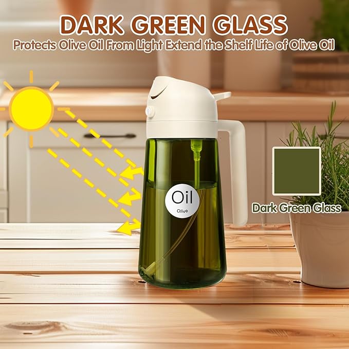 YARRAMATE 2PCS 16oz/470ml Oil Sprayer for Cooking with Stickers, Food-Grade 2 in 1 Olive Oil Dispenser Bottle for Kitchen, Premium Dark Green Glass Oil Bottle for Air Fryer, BBQ(White & Orange)