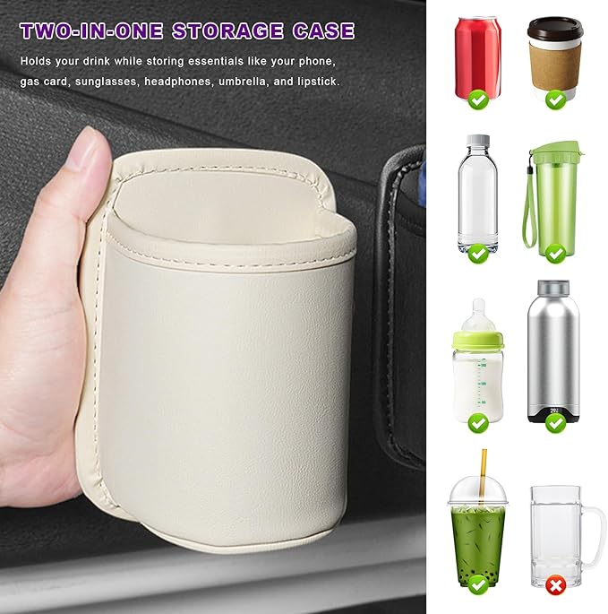 2 PCS Large Car Door Cup Holders, Clip On Beverage Drink Holder Vehicle Door Storage Organizer, Scratch-Resistant Leather Water Bottle Hanging Holder for SUV Sedan Truck (White)