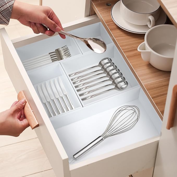 Bamboo Drawer Organizer with 2 Dividers, 5PCS Adjustable Junk Desk Organizer Trays with 7 Grid , Wood Stackable Storage Boxes Bins for Kitchen Flatware, Office Desktop, Bathroom Makeup, Jewelry