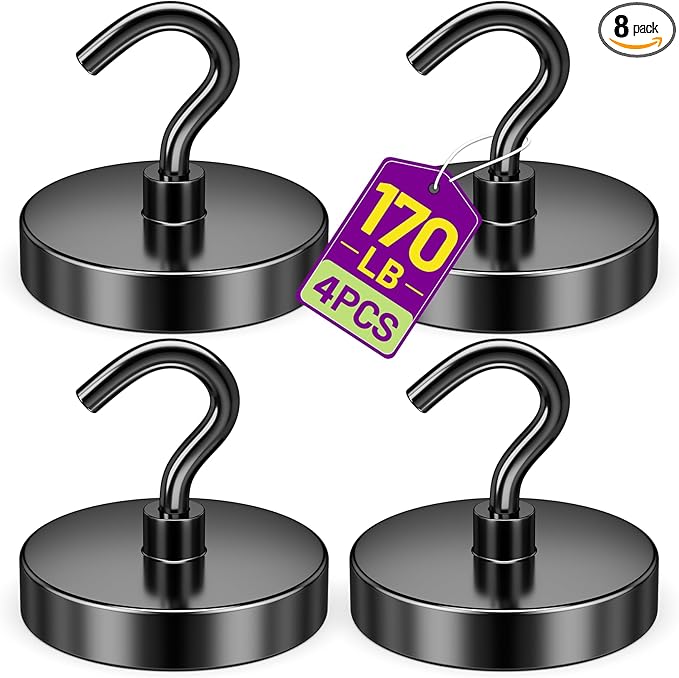 Magnetic Hooks for Cruise Cabins, 170lbs Black Magnetic Hooks for Classroom, Cruise Magnets, Strong Magnets Heavy Duty for Grill, Kitchen, Office, Camping Essentials, 4 Pack