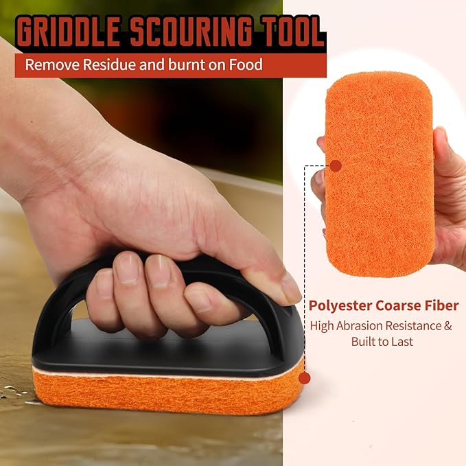 Griddle Cleaning Kit for Blackstone – Grill Stone, Non-Scratch Scouring Pads, Heavy-Duty Scraper & Ergonomic Handles – Flat Top Grill Accessories (12PCS Orange)