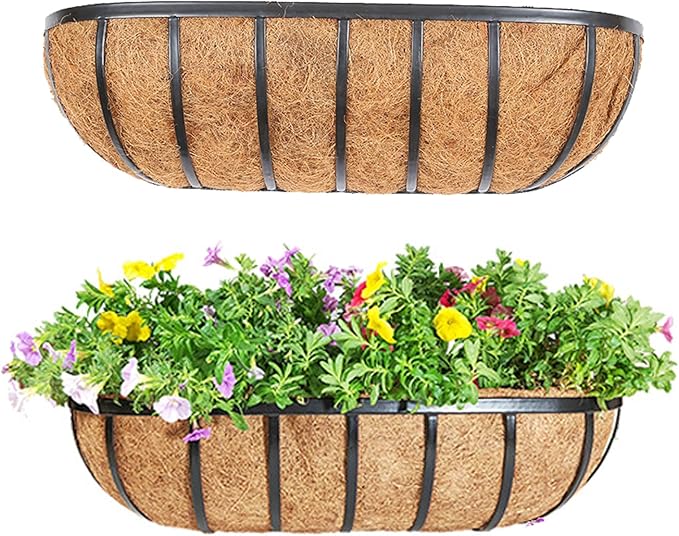 KIDYBELL 36“ Window Box Railing Planter with Coco Liner Metal Wall-Mounted Coconut Liner Planter Basket English Horse Trough Planters for Outdoor Deck Balcony Porch Fence Patio Black (2 Pack)