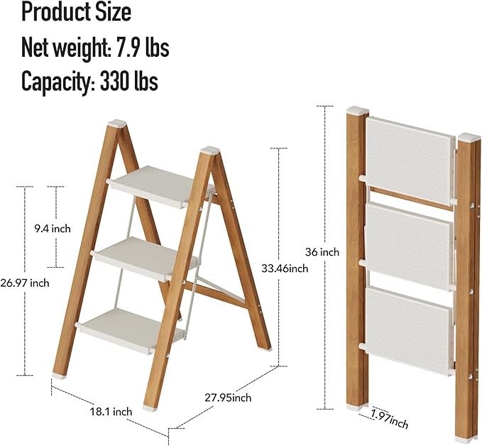 3 Step Lightweight Aluminum Folding Ladder, Portable Step Stool with Wide Anti-Slip Pedals, 330 lbs Capacity for Home,Cleaning Tasks（White&Woodgrain）