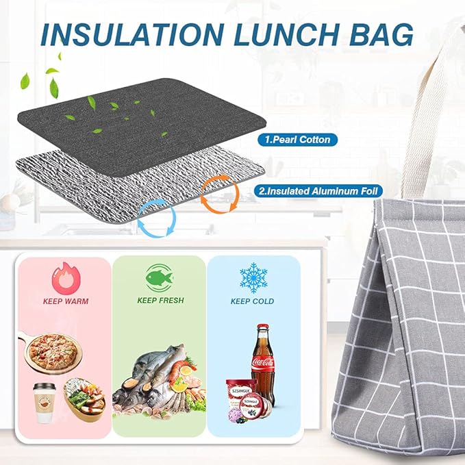 iknoe Insulated Lunch Bag for Women & Adults, 9L Foldable Wide-Open Cooler Bag with Pockets, Leakproof & Portable, for Picnic, Office, Beach (Gray grid)