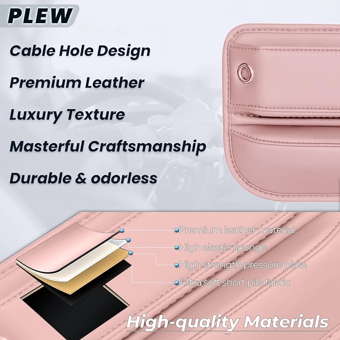 PLEW 2-Pack Car Seat Gap Filler for women, Premium Leather Console Organizer Universal Fit for Car SUV Truck Multi-Purpose Essentials Organizer - Anti-Drop Auto Interior Accessories（Dune Pink