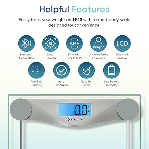 Etekcity Bathroom Scale for Body Weight and BMI, Upgraded Bluetooth Digital Scale, Large Blue LCD Backlight Display, High Precision Measurements, 400 Pounds