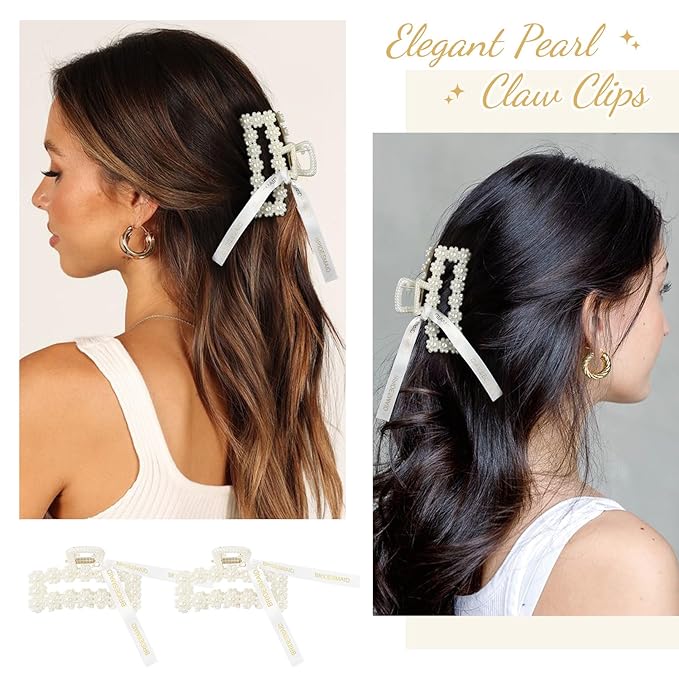 8 PCS Pearl Bridesmaid Gifts Rectangle Hair Claw Clips with Ribbon 3 Inch Hair Hccessories for Wedding Bachelorette Party Favors