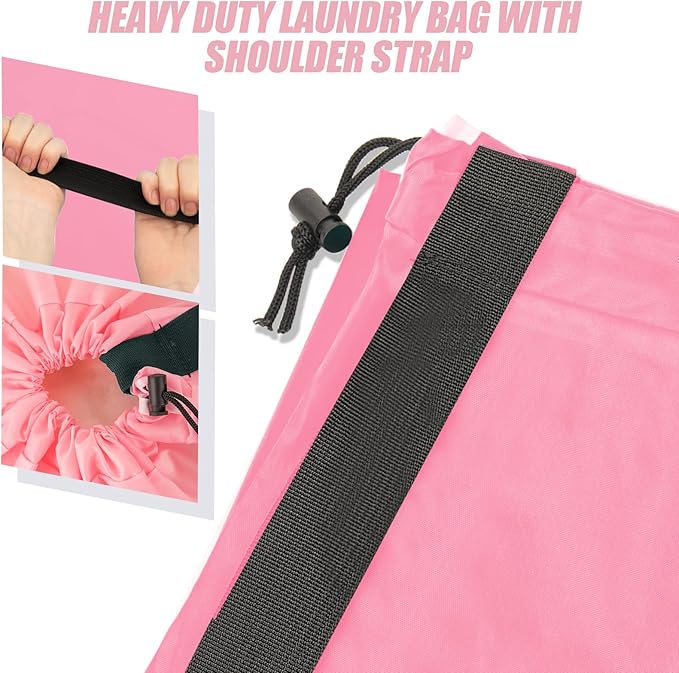 Isink Heavy Duty Laundry Bag with Strap, 2 Pack Travel Laundry Bags for Dirty Clothes, 24" x 36" Large Laundry Bag for Traveling, Camping, Dorm (Cyan + Pink)