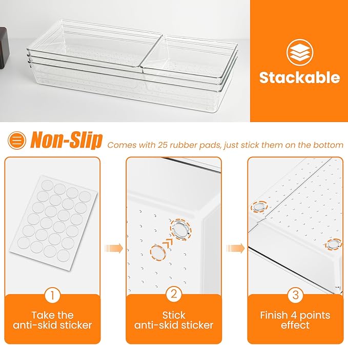 12 Pack Clear Plastic Drawer Organizer Set, Acrylic Non-Slip Non-Cracking Kitchen Drawer Storage Tray Large Size Divider, Multifunctional Storage for Cosmetics, Bathroom, Tools, Kitchen, and Office