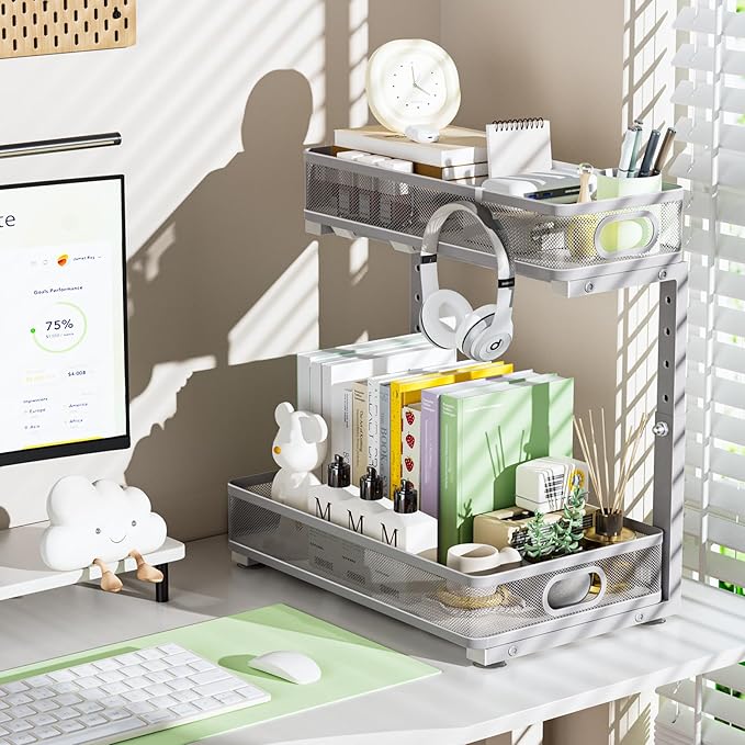 Under Sink Organizer, Highly Adjustable 2-Tier Under Sink Organizers and Storage, Slide-Out Metal Cabinet Organizers, Pull-Out Sink Storage Drawer Shelf for Kitchen Bathroom Cabinet, Grey, 2 Pack