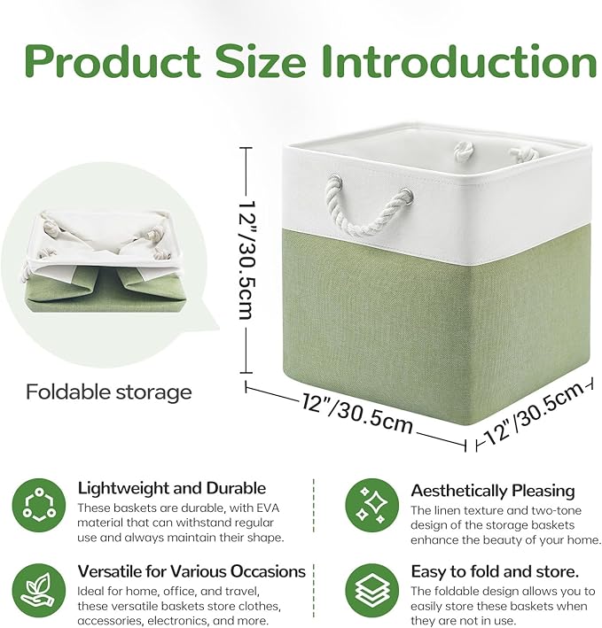 VQRTEXA 12 x 12 Inch Cube Storage Bins, 4 Pack Fabric Storage Basket with Handles, Foldable Boxes Organizer for Shelf Baskets for Home, Clothes (White/Green)