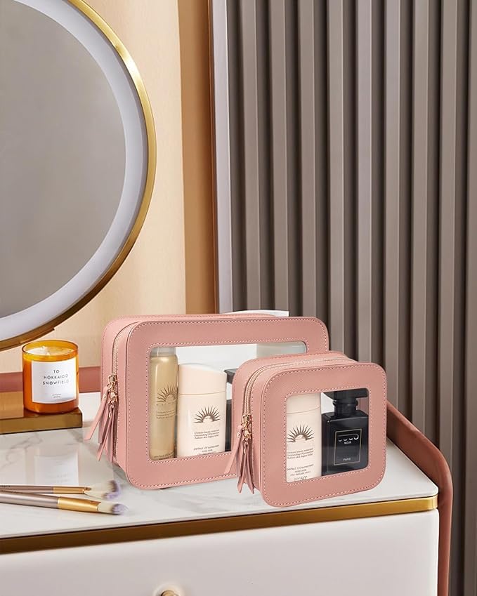 2 Pcs Travel Clear Makeup Bag Set, Clear Pink Makeup Organizer with Zipper Leather Travel Bags for Toiletries Small Cosmetic Bags for Women Mini Make up Pouch Toiletry Bags Car Essentials