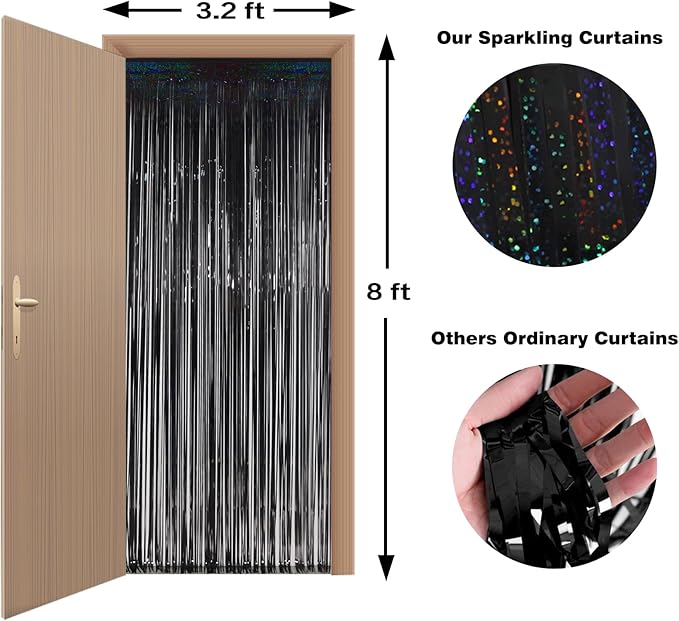 Foil Fringe Curtains New Year’s Eve Party Decorations - Melsan 3 Pack 3.2 x 8.2 ft Black Tinsel Curtain Photo Backdrop for Birthday Decorations Retirement Party Decorations Black