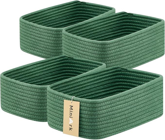 MiniArk Small Storage Baskets for Organizing | Closet Organizer Bins | Shelf Toy Basket | Woven Rope Baskets | Cube Decorative Box | Shallow Basket | 11.5x7.5x4.7” | 4 Packs Green