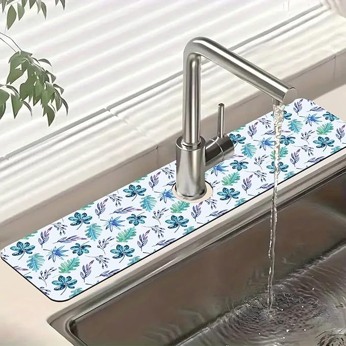 Watercolor Leaves Kitchen Sink Splash Guard Faucet Mat Tropical Leaves Super Absorbent Fast Drying Mat Sink Splash Guard Behind Faucet for Kitchen Bathroom, 23.5"x5.5"