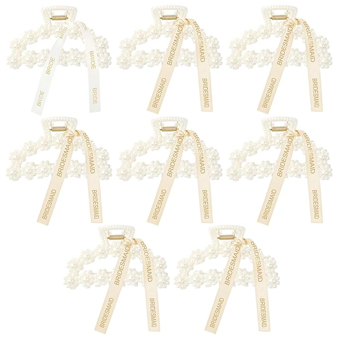DEEKA Bridesmaid Proposal Gifts 8 Pack Pearl Bridesmaid Hair Claw Clips with Ribbon 3 Inch Hair Clips Bachelorette Party Favors Bridal Party Present Hair Accessories (Half Circle White&Champagne)